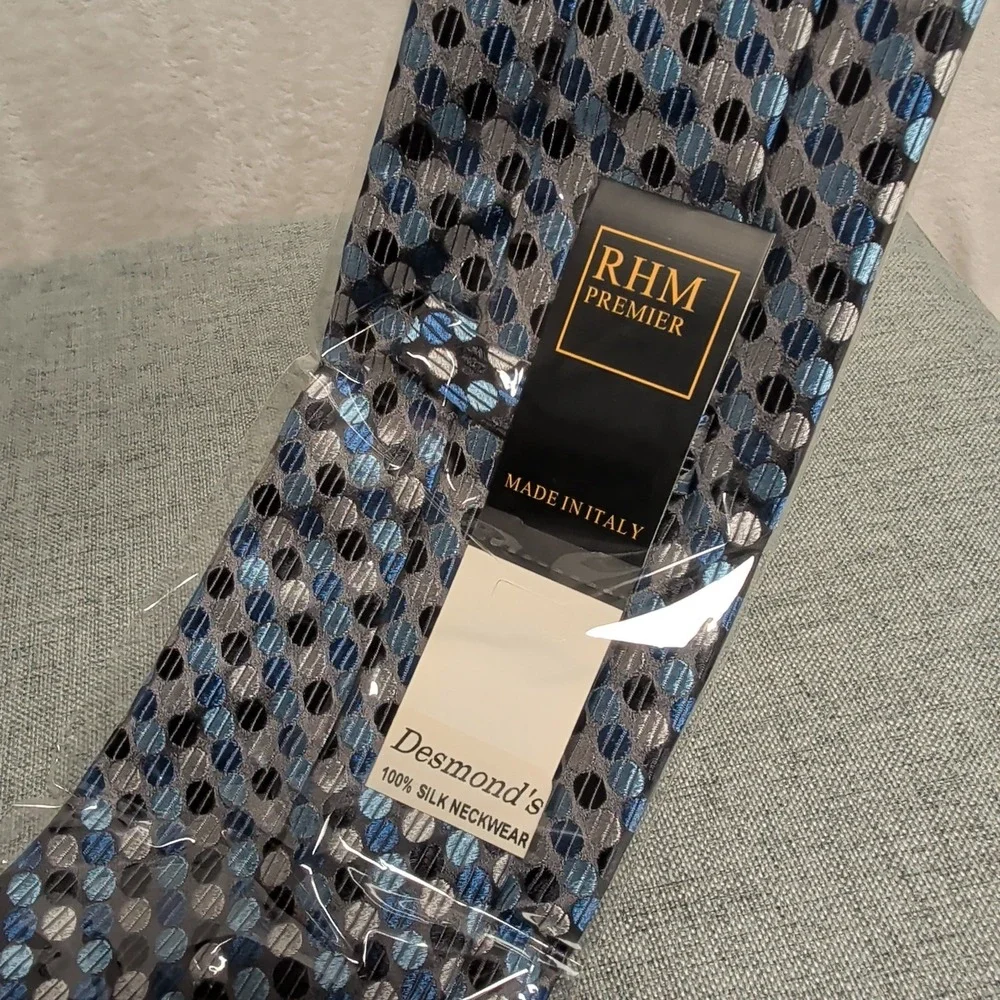 New Steven Land RHM Premier Mens Blue Silver Geometric Silk Tie‎ Made in Italy